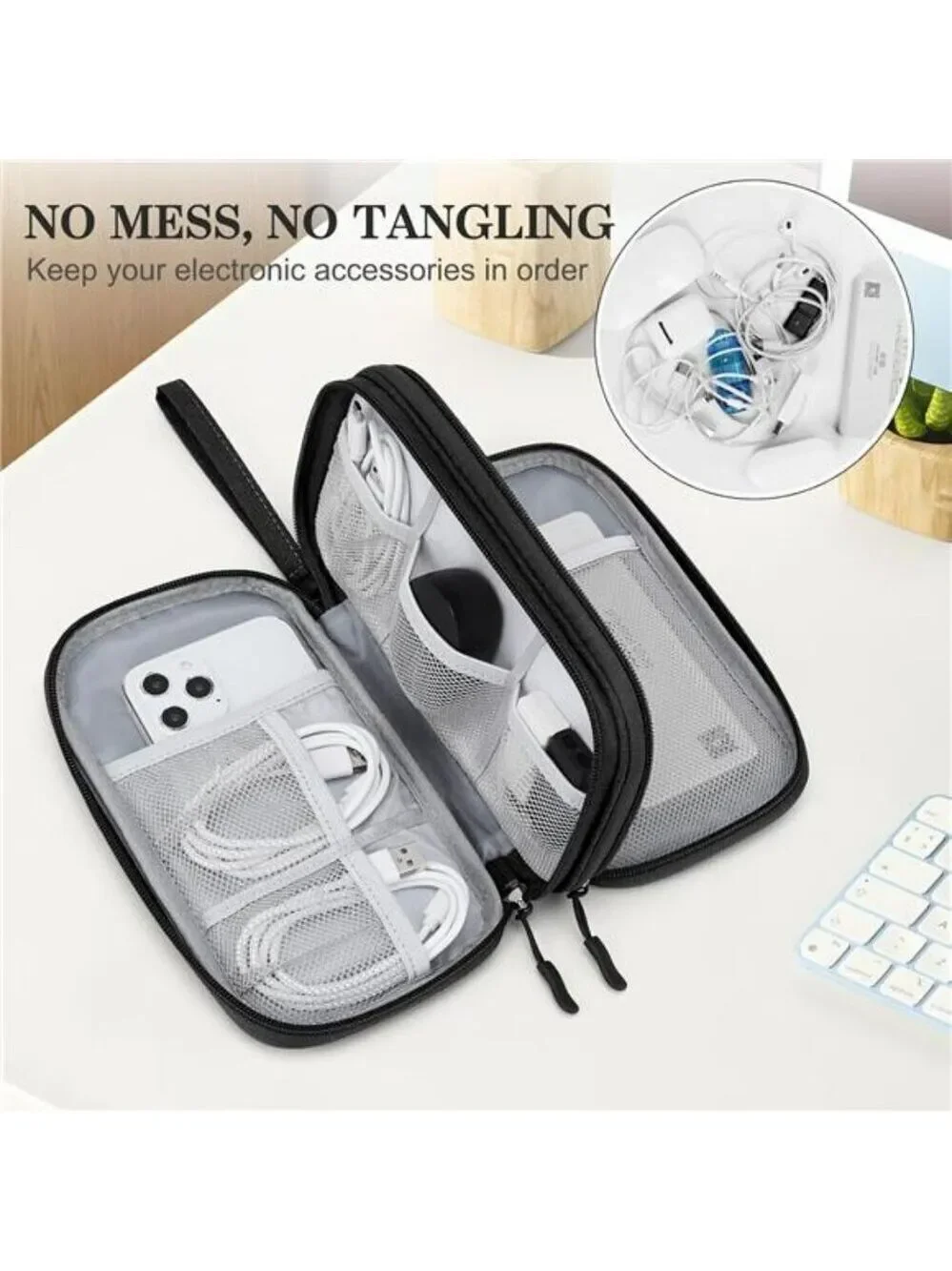 FYY Travel Cable Organizer Waterproof Electronics Storage Case Black Pouch